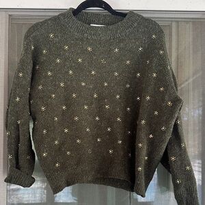 Mango Olive Green Crewneck Sweater with Gold Stud Detailing